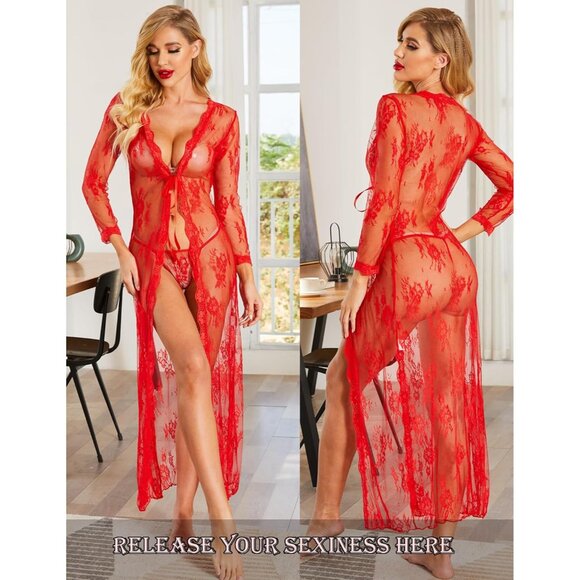 Lace Robe Women Sheer Long Sleeve Nightgown Bridal Babydoll Lingerie - Picture 5 of 6